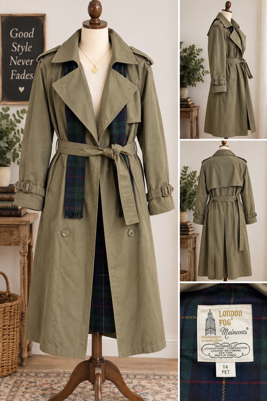Vintage London Fog Maincoats Trench Coat 14P Plaid Wool Liner Belted